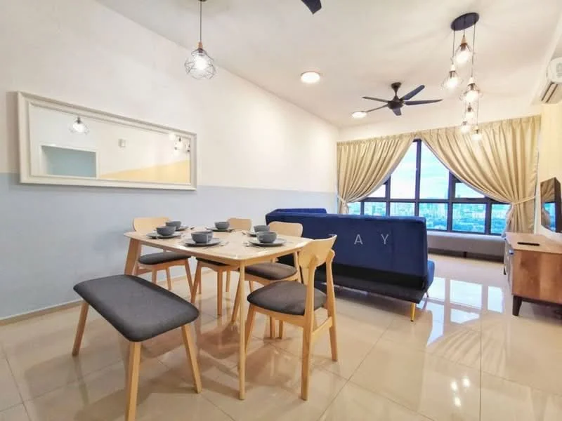 Dining features: 4-seater dining table, wooden dining chairs, grey upholstered seats, pendant lighting, mirror on wall, cream painted walls, light-coloured flooring, floor-to-ceiling windows, curtains, ceiling fan with light; style: modern; view: city. Living features: blue fabric sofa, coffee table, TV console, wall-mounted TV, decorative cushions, area rug, curtains, ceiling fan with light; style: modern; view: city.