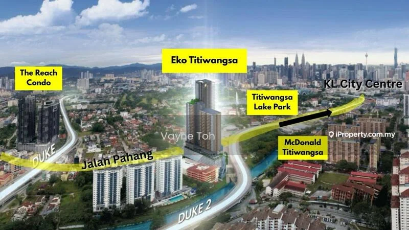 Exterior type: high-rise condominium; features: city skyline view, surrounded by greenery, proximity to Titiwangsa Lake Park, near major roads, visible landmarks including KL City Centre, adjacent to McDonald's Titiwangsa; style: modern.
