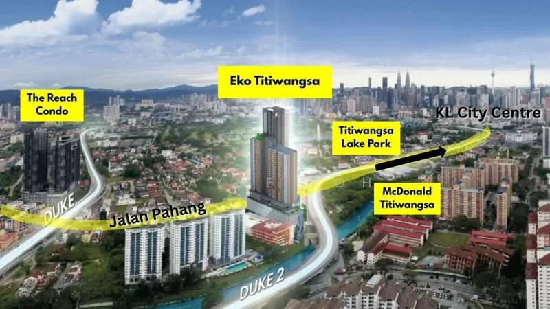 Exterior features: city skyline, high-rise buildings, green park area, roadway, labelled landmarks, urban landscape; style: modern.