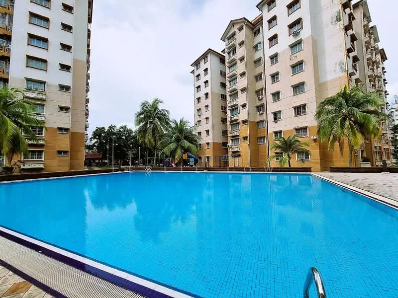 Exterior type: mid-rise condominium; features: swimming pool, surrounded by palm trees, tiled pool deck, multiple residential buildings, clear blue water, poolside area with loungers, landscaped surroundings; style: modern.