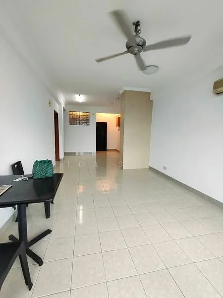 Living features: white painted walls, ceramic tile flooring, 5-blade ceiling fan, wall-mounted split AC, dining table, black table, green handbag, doorway leading to other rooms.