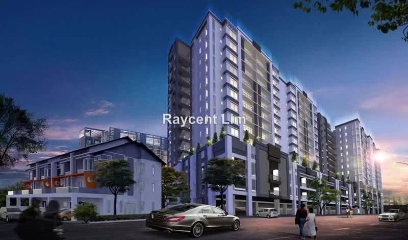 Exterior type: high-rise condominium; features: modern glass facade, multiple storeys, balconies on upper floors, landscaped greenery at ground level, street view with parked cars, street lighting, surrounding trees, adjacent low-rise buildings; style: modern.
