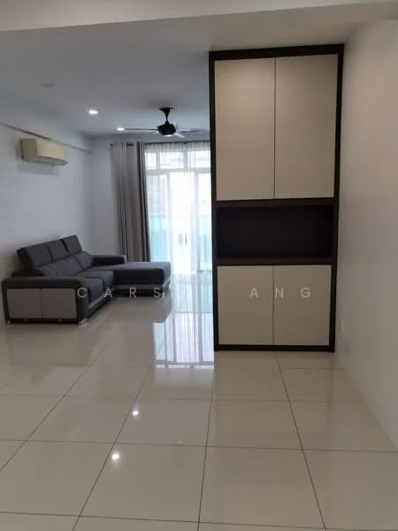 Living features: grey fabric sectional sofa, white wall with no decoration, large floor-to-ceiling windows, sliding glass door, white sheer curtains, white tiled flooring, ceiling fan, built-in storage cabinet with two-tone finish, air conditioning unit on wall; style: modern.
