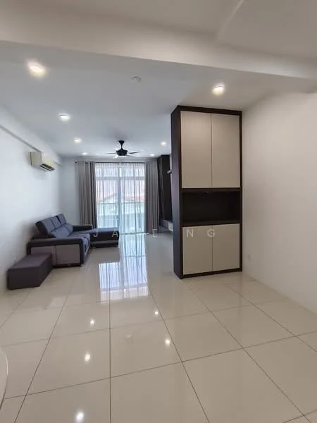 Living features: 3-seater fabric sofa in grey, 2-seater fabric sofa in dark grey, white painted walls, glossy ceramic tile flooring, 5-blade ceiling fan with light, floor-to-ceiling windows with sheer curtains, built-in cabinetry with storage, recessed downlights; style: modern.