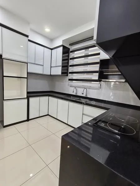 Kitchen features: black granite countertop, white and black cabinetry, double-bowl stainless-steel sink, chrome pull-down faucet, built-in electric cooktop, tile backsplash, ceramic tile flooring, recessed downlights, window with roller blinds, open shelving, wall-mounted range hood; style: modern.