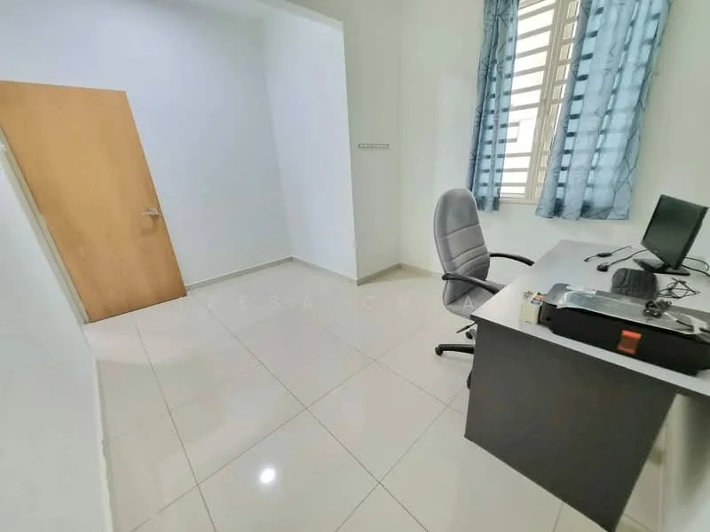 Study features: white painted walls, glossy ceramic tile flooring, single window with sheer curtains, light blue curtains, wooden door, desk with computer monitor, office chair, power outlet on wall; style: modern.