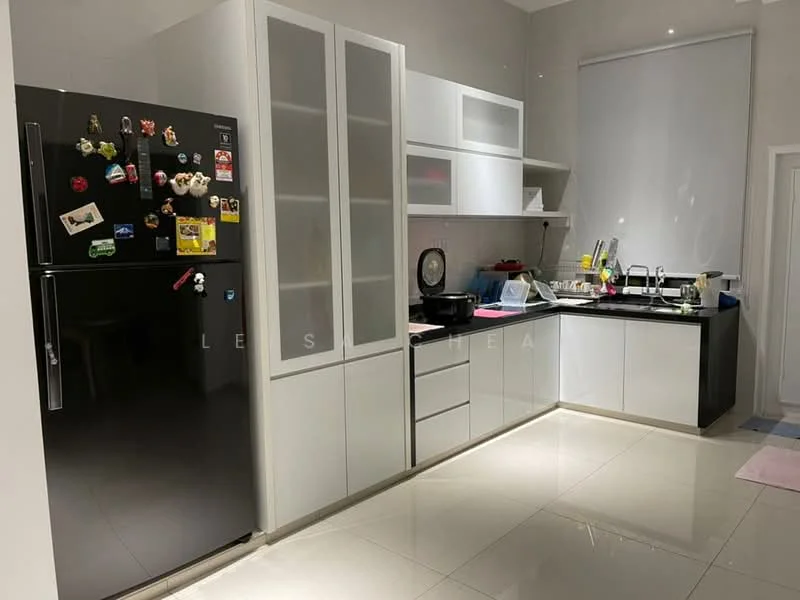 Kitchen features: black stainless-steel fridge, white cabinetry with glass-front upper cabinets, black countertop, single-bowl stainless-steel sink, chrome pull-down faucet, built-in oven, ceramic tile flooring, recessed downlights, wall-mounted storage shelves, colorful magnets on fridge, kitchen utensils on countertop, dish rack, microwave, kettle; style: modern.
