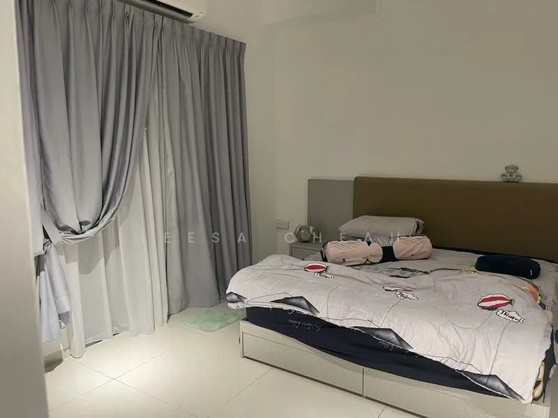 Bedroom features: queen-size bed, upholstered headboard, grey bedding with decorative pillows, floor-to-ceiling window, sheer curtains, grey curtains, white painted walls, tile flooring, air conditioning unit; style: modern.