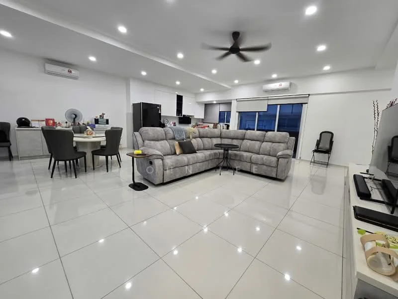Living features: L-shape sectional sofa in grey, round dining table, 4 upholstered dining chairs, TV console, wall-mounted TV, ceiling fan with light, recessed LED downlights, white painted walls, glossy tile flooring, floor-to-ceiling windows, air conditioning unit, decorative plant in ceramic pot; style: modern.