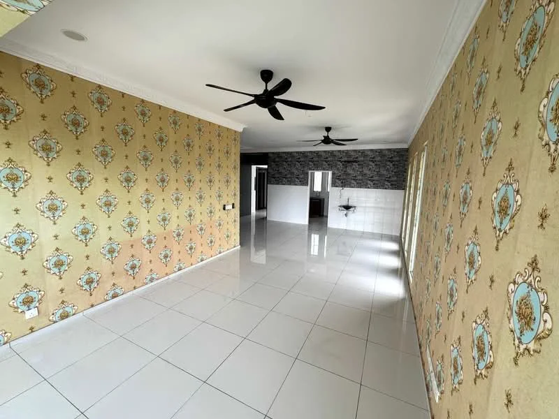 Living features: glossy white tile flooring, gold and blue patterned wallpaper, exposed ceiling with crown moulding, 2 ceiling fans, large windows for natural light, neutral wall color, open layout, no visible furniture; style: modern.