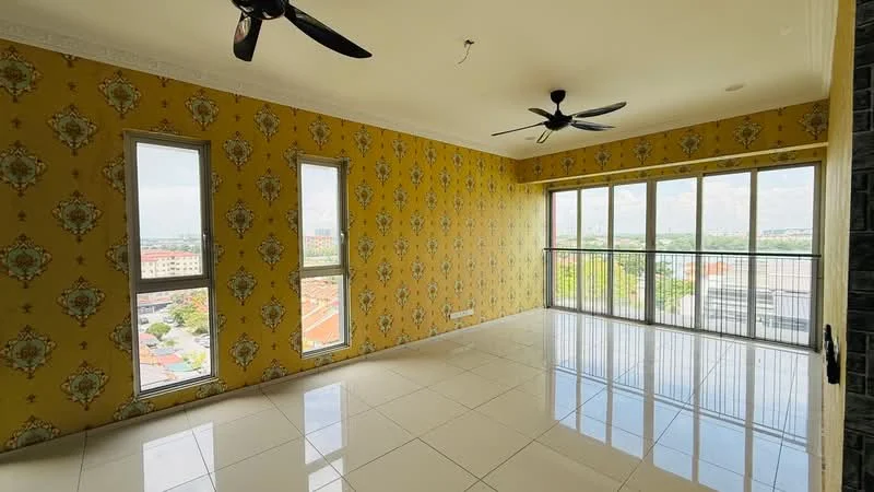 Living features: yellow wallpaper with floral pattern, white tiled flooring, floor-to-ceiling windows, 2 ceiling fans, balcony access, city view, crown moulding, recessed lighting; style: modern; view: city.