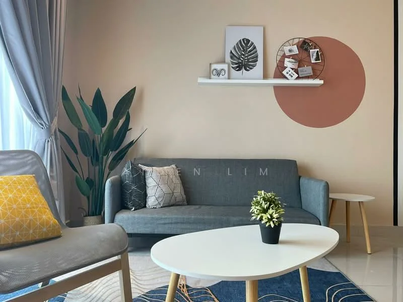 Living features: grey fabric sofa, yellow patterned cushion, white round coffee table, blue area rug, decorative wall shelf, framed artwork on wall, indoor plant, wall with beige paint, large window with sheer curtains, light wood side table; style: modern.