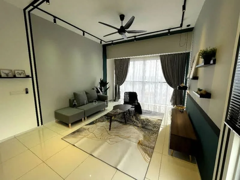 Living features: 5-blade ceiling fan with light, grey fabric sofa with chaise, coffee table, area rug with abstract pattern, floor-to-ceiling windows with sheer curtains, wall-mounted TV, decorative wall shelf, potted plant, wall-mounted light fixture, white painted walls, glossy tile flooring; style: modern.