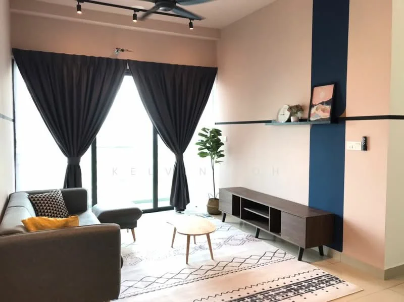 Living features: grey fabric sofa, round wooden coffee table, area rug with geometric pattern, floor-to-ceiling windows, blackout curtains, decorative wall shelf, indoor plant, pendant light, recessed downlights, accent wall in navy blue, light pink painted walls; style: modern.