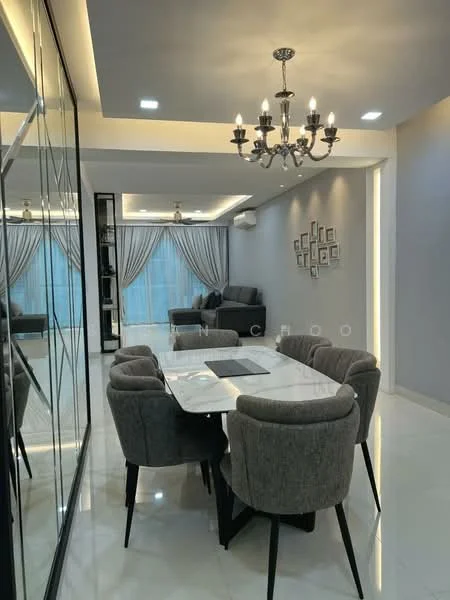 Dining features: 6-seater dining table with white top, upholstered dining chairs in grey, chandelier with multiple bulbs, mirrored wall, recessed ceiling lights, grey accent wall, marble flooring, curtains with sheer and blackout layers, air conditioning unit on ceiling, decorative wall frames; style: modern. Living features: sofa in grey fabric, coffee table, TV console, wall-mounted TV, bookshelves, floor-to-ceiling windows, curtains with sheer and blackout layers, recessed ceiling lights; style: modern.