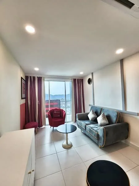 Living features: grey fabric sofa with gold trim, 2 red accent chairs, round black coffee table, white sideboard, floor-to-ceiling windows, sheer curtains, recessed downlights, white walls, tile flooring, decorative wall art; style: modern; view: city.