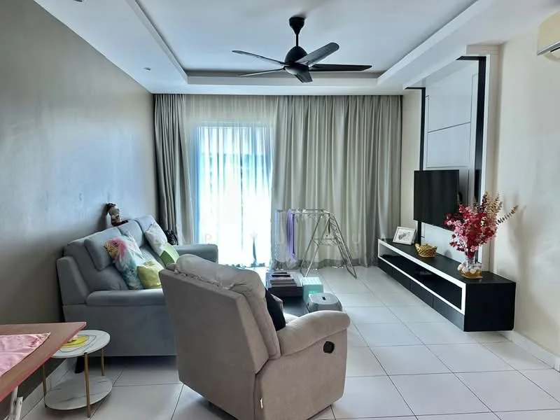 Living features: grey fabric sofa, recliner chair, white coffee table, TV console with storage, wall-mounted TV, floor-to-ceiling windows, sheer curtains, light-colored walls, white tiled flooring, ceiling fan with light, decorative flowers in vase, folding drying rack; style: modern.