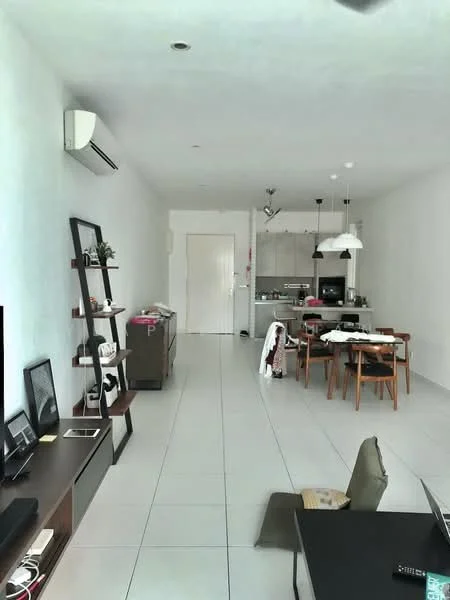 Living features: white painted walls, tile flooring, 5-blade ceiling fan, wall-mounted split AC, TV console, wall-mounted TV, coffee table, dining table with chairs, open shelving unit, kitchen area visible, recessed downlights, pendant lighting, grey cabinetry, stainless-steel appliances; style: modern.