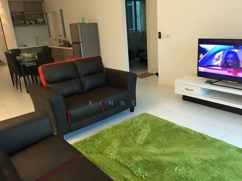Living features: black leather sofa with red accents, 2-seater sofa, 3-seater sofa, green area rug, white TV console, wall-mounted TV, recessed lighting, white painted walls, tile flooring, open layout to kitchen, large window for natural light; style: modern. Kitchen features: stainless-steel fridge, open kitchen layout, wood cabinetry, countertop with bar seating, kitchen island, tile backsplash; style: modern.