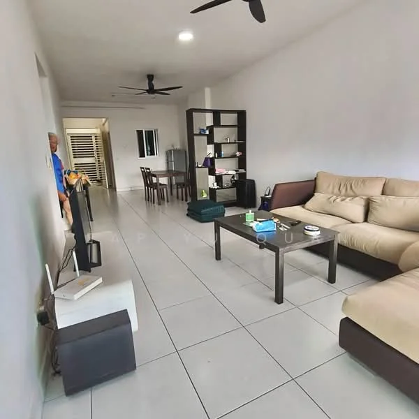 Living features: L-shape sectional sofa in beige, coffee table, wall-mounted TV, TV console, 2 ceiling fans, white painted walls, tile flooring, decorative shelving unit, area rug, large windows, natural light; style: modern. Dining features: dining table, 4 dining chairs, white painted walls, tile flooring, natural light; style: modern.