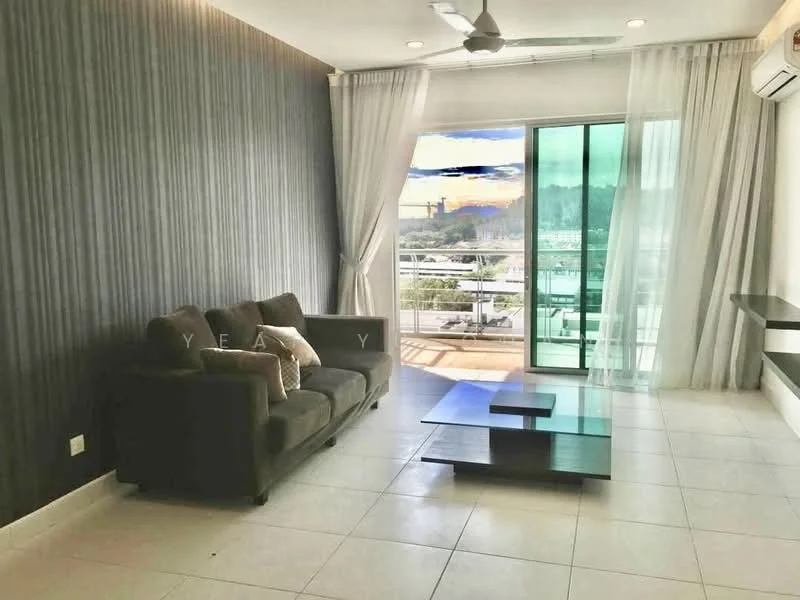 Living features: 3-seater fabric sofa in dark grey, glass coffee table, floor-to-ceiling windows, sliding glass door, white sheer curtains, grey accent wall with vertical stripes, white tiled flooring, ceiling fan with light, wall-mounted air conditioning unit; style: modern; view: city.