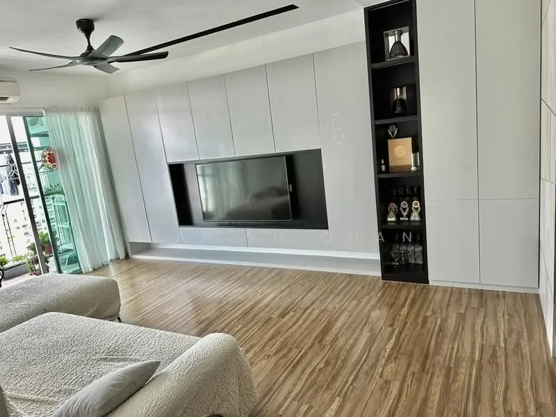 Living features: light wood laminate flooring, white painted walls, built-in entertainment unit with TV, black shelving unit, 5-blade ceiling fan, floor-to-ceiling windows, sheer curtains, decorative items on shelves, sofa with textured upholstery, open layout to balcony; style: modern; view: city.