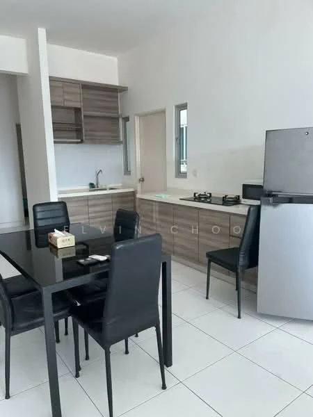 Kitchen features: light wood cabinetry, white countertop, stainless-steel fridge, built-in gas hob, single-bowl stainless-steel sink, black dining table, black leather dining chairs, white tiled flooring, neutral painted walls, open shelving; style: modern.