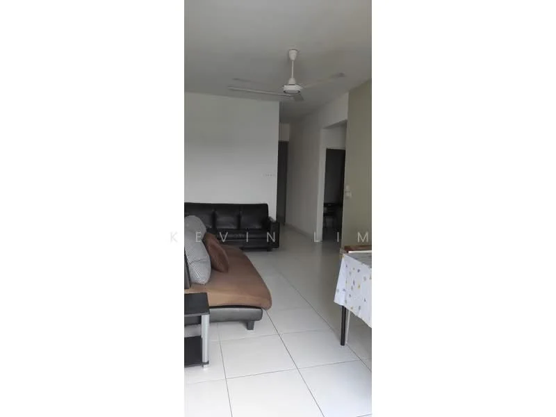 Living features: 3-seater leather sofa in black, 2-seater fabric sofa in grey, coffee table, wall-mounted ceiling fan, white painted walls, tile flooring, natural light from windows, decorative throw pillows; style: modern.