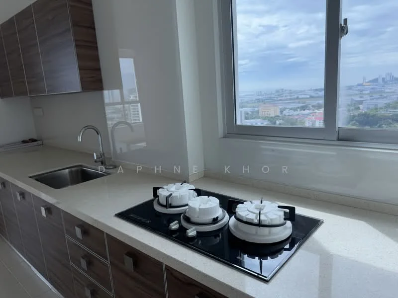 Kitchen features: white quartz countertop, brown wooden cabinetry, stainless-steel sink, chrome pull-down faucet, 4-burner gas hob, window with city view, tile backsplash, under-cabinet lighting; style: modern; view: city.