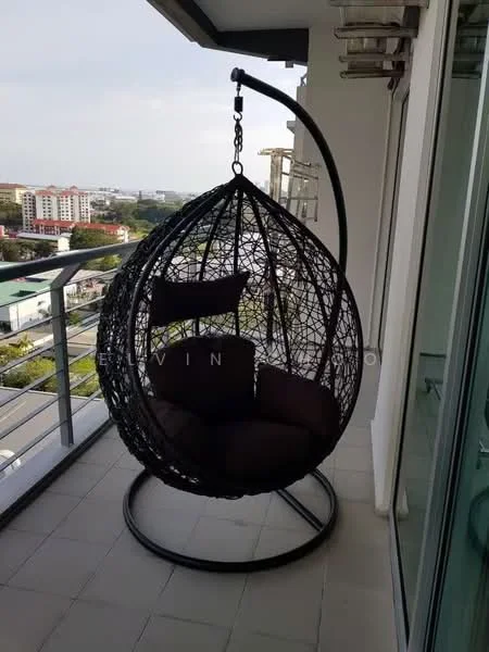 Balcony features: hanging egg chair with cushions, metal frame, glass railing, tiled flooring, city view, outdoor space, overhead shade, decorative plants; style: modern; view: city.