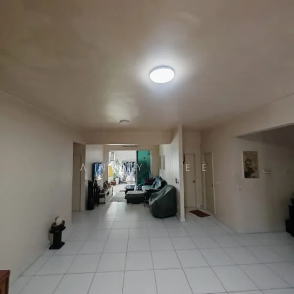 Living features: white painted walls, tile flooring, recessed ceiling lights, sofa in green fabric, coffee table, decorative wall art, open layout, doorway leading to another room.