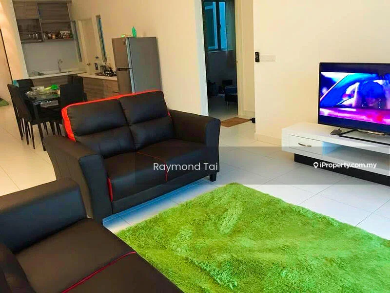 Living features: black leather sofa with red accents, green area rug, white TV console, wall-mounted TV, floor-to-ceiling windows, white painted walls, ceramic tile flooring, recessed downlights; style: modern. Kitchen features: stainless-steel fridge, open kitchen layout, wood cabinetry, countertop with bar stools, ceramic tile flooring; style: modern.