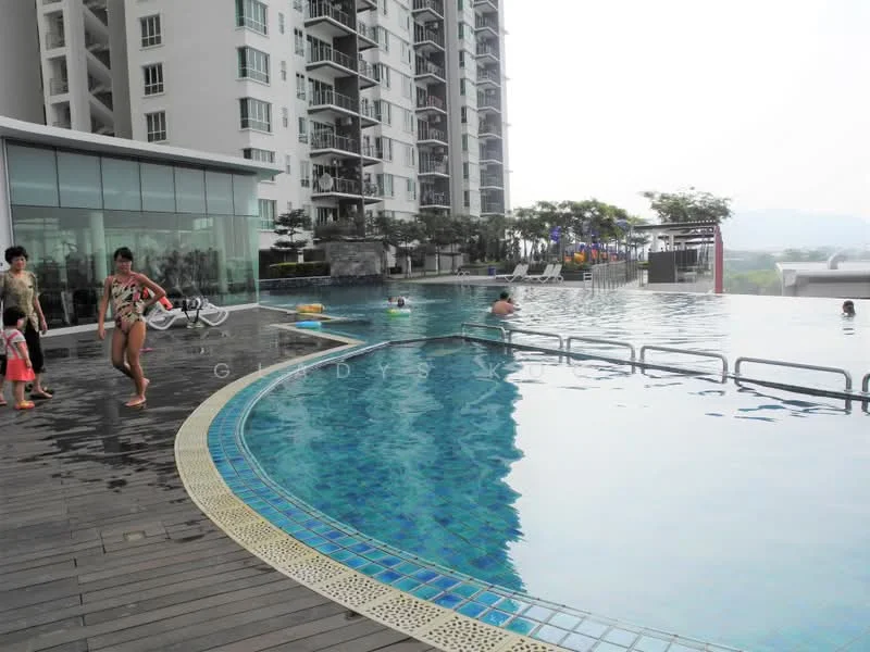 Exterior type: high-rise condominium; features: infinity pool, pool deck with loungers, wooden decking around pool, landscaped garden area, children's play area, view of surrounding landscape, multiple pool levels; style: modern.