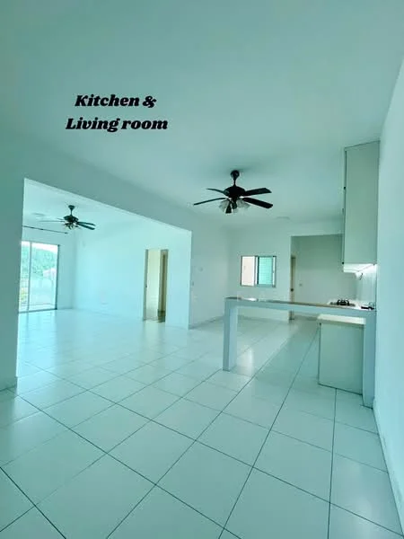 Living features: white walls, white tiled flooring, 5-blade ceiling fan with light, large windows, open layout to kitchen, dining area, neutral color scheme, natural light; style: modern; view: garden. Kitchen features: white cabinetry, stainless-steel sink, gas stove, countertop with overhang, open layout to living room; style: modern; view: garden.