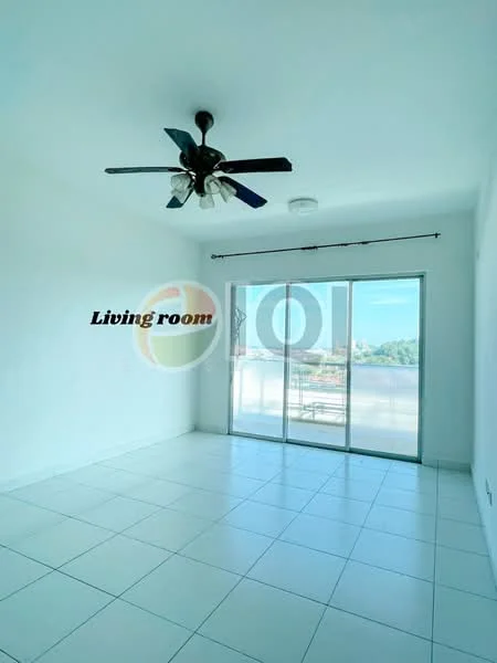 Living features: white painted walls, glossy white tile flooring, 5-blade ceiling fan with light, floor-to-ceiling sliding glass door, curtain rod, natural light from sliding door, open layout, no visible furniture; style: modern; view: city.
