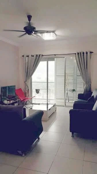 Living features: 2-seater fabric sofa in dark blue, 3-seater fabric sofa in dark blue, coffee table, floor-to-ceiling sliding glass door, curtains in grey, ceiling fan with light, TV console, wall-mounted TV, tile flooring, decorative plant in pot, red folding chair; style: modern; view: city.