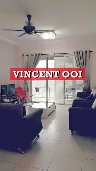 Living features: 2-seater fabric sofa in dark blue, 3-seater fabric sofa in dark blue, ceiling fan with light, sliding glass door, floor-to-ceiling windows, grey tiled flooring, curtains, coffee table, TV console, decorative wall art; style: modern.