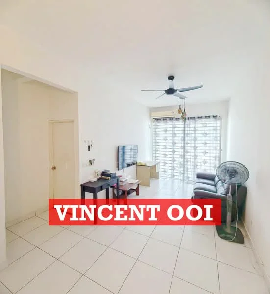 Living features: white painted walls, tile flooring, 5-blade ceiling fan with light, sofa in dark color, TV console, wall-mounted TV, floor-to-ceiling windows with sheer curtains, decorative wall clock, standing fan; style: modern.