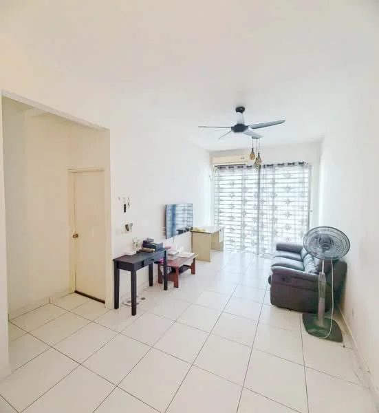 Living features: white painted walls, ceramic tile flooring, 5-blade ceiling fan with light, wall-mounted TV, black coffee table, brown leather sofa, floor-to-ceiling windows with sheer curtains, standing fan; style: modern. Room features: white painted walls, ceramic tile flooring, door leading to hallway.