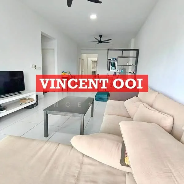 Living features: beige fabric sectional sofa, glass coffee table, wall-mounted TV, white painted walls, tile flooring, ceiling fan, recessed downlights, open shelving unit, decorative items on shelves; style: modern.