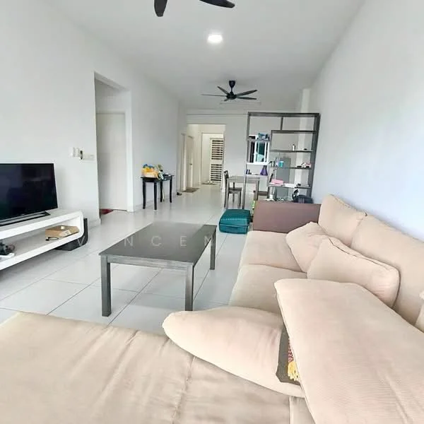 Living features: beige fabric sectional sofa, glass coffee table, wall-mounted TV, white painted walls, white tiled flooring, ceiling fan, open shelving unit, decorative items on shelves, natural light from windows, neutral color palette; style: modern.