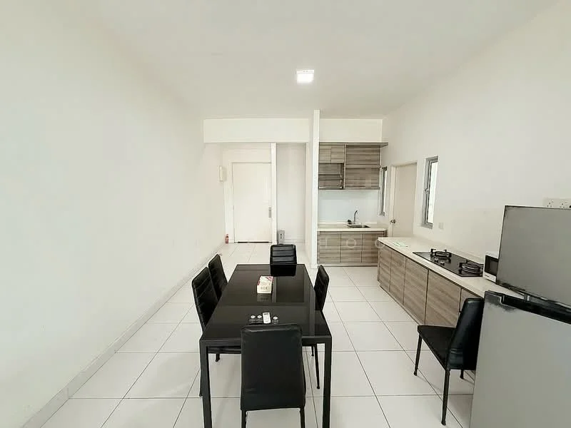 Dining features: black rectangular dining table, 6 black dining chairs, white tiled flooring, white painted walls, built-in kitchen cabinetry in light wood, countertop with sink, kitchen appliances visible, window with natural light; style: modern.