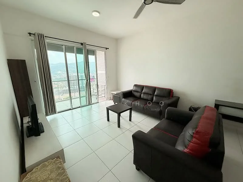Living features: white painted walls, ceramic tile flooring, 5-blade ceiling fan, floor-to-ceiling windows, sliding glass door, black leather sofa with red accents, 2-seater fabric sofa in black, coffee table, TV console, area rug, curtains, mountain view; style: modern; view: mountain.