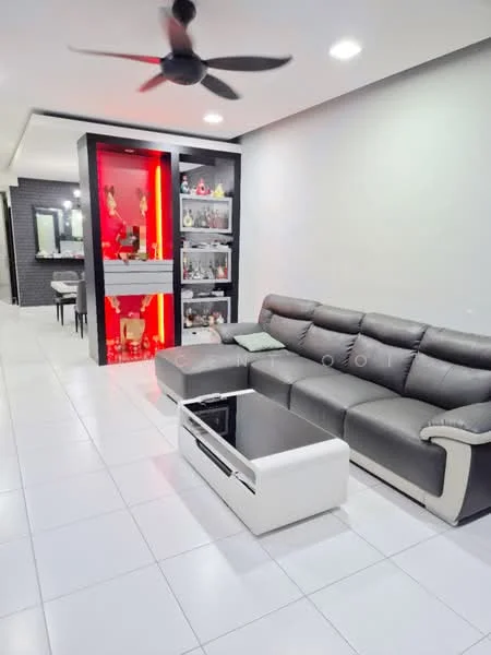 Living features: 3-seater fabric sofa in grey, white coffee table, ceiling fan, recessed downlights, feature wall with red lighting, display shelves with decorative items, white tiled flooring, open layout to dining area; style: modern.
