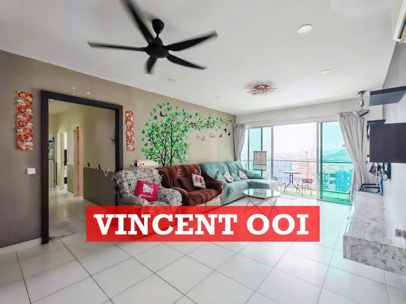 Living features: 3-seater fabric sofa in teal, 2-seater fabric sofa in brown, ceiling fan with 5 blades, wall-mounted TV, marble TV console, large floor-to-ceiling windows, sliding glass door, white tiled flooring, decorative wall with tree mural, area rug with geometric pattern, decorative cushions, natural light from windows; style: modern; view: city.