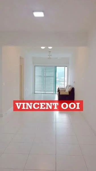 Living features: white painted walls, white ceiling, recessed downlights, 5-blade ceiling fan, large floor-to-ceiling windows, sliding glass door, tile flooring, neutral color scheme, open layout, view of city skyline; style: modern; view: city.