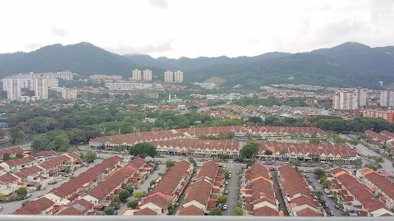 Exterior type: linked terrace house; features: red tiled roofs, two-storey linked terrace houses, manicured lawns, surrounded by greenery, mountain view in background, urban residential area, parking spaces visible, multi-storey buildings in distance; style: modern.