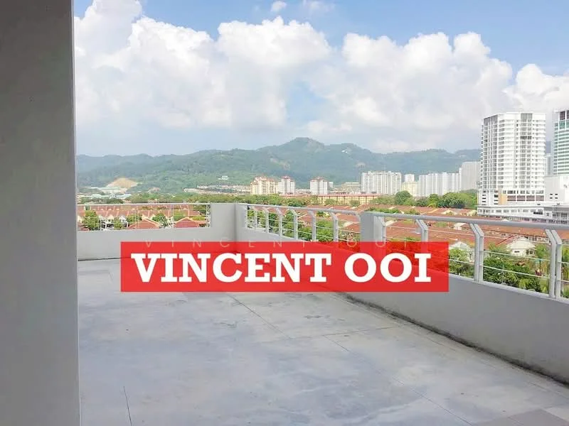 Exterior type: high-rise condominium; features: mountain view, city skyline view, concrete flooring, railing, open terrace, surrounding residential area, cloudy sky, urban landscape; style: modern.