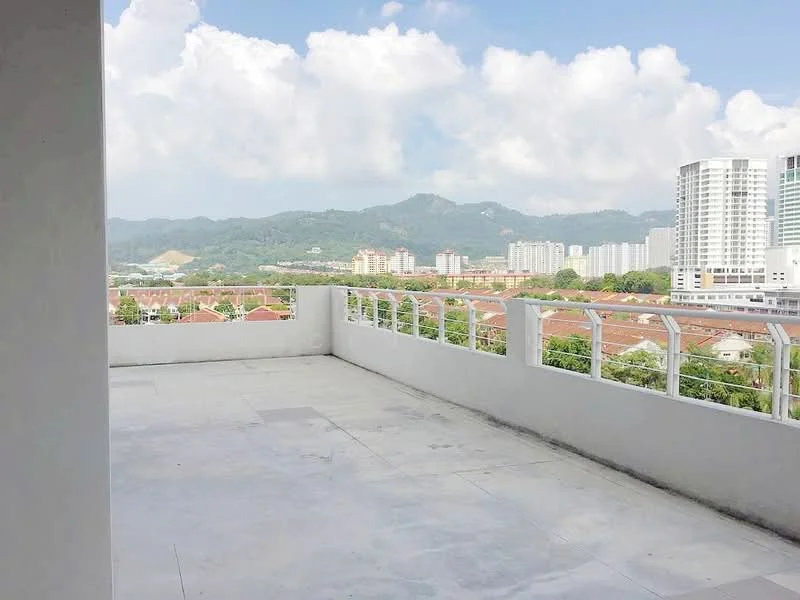 Exterior features: open terrace, concrete flooring, railing, mountain view, city view, surrounding residential buildings; style: modern.