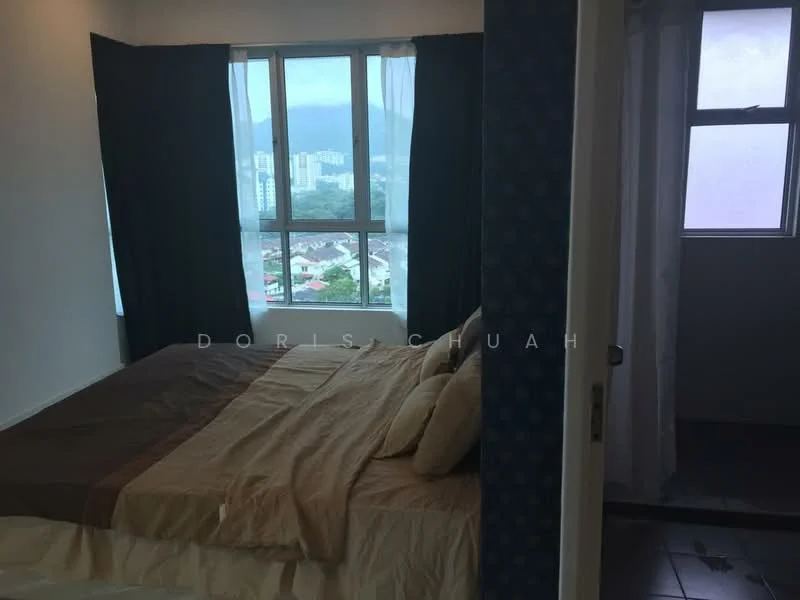 Bedroom features: queen-size bed with beige bedding, floor-to-ceiling windows, blackout curtains, light grey walls, wooden flooring, built-in wardrobe, decorative wall with blue pattern, city view from window; style: modern; view: city. Room features: window with sheer curtains, grey tiled flooring.